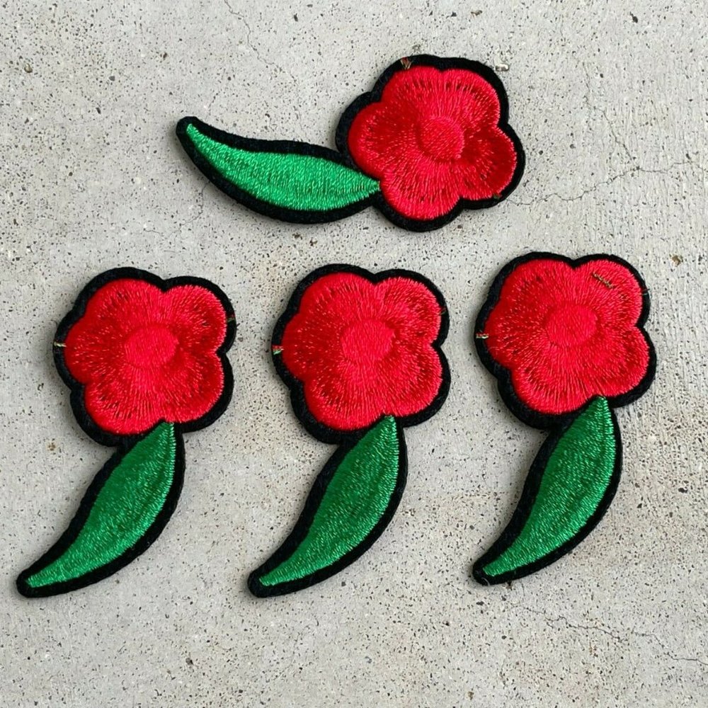 Red Flower With Green Leaf Patches Iron On Embroidery Applique Patches Lot of 4